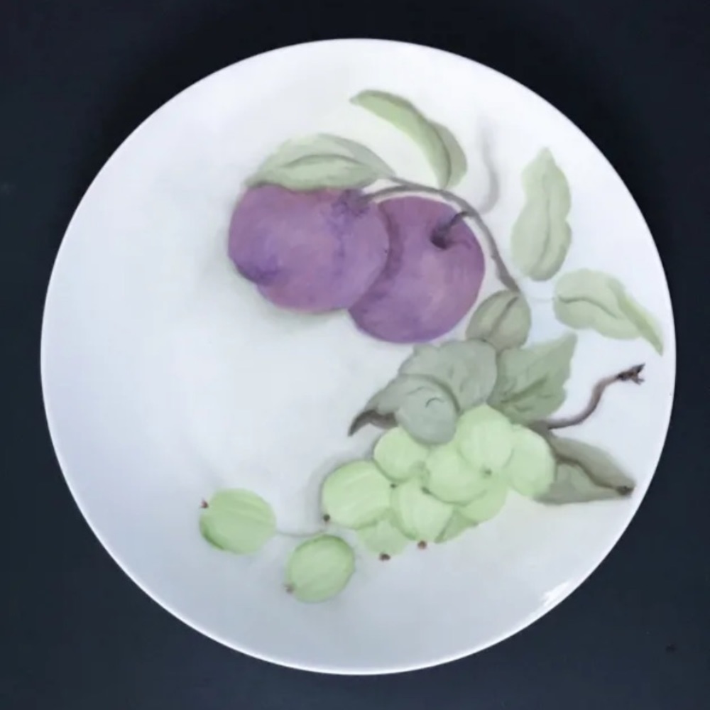 Fruit Plum Grape Hand Painted Art On Antique Plate Signed Cottage Core